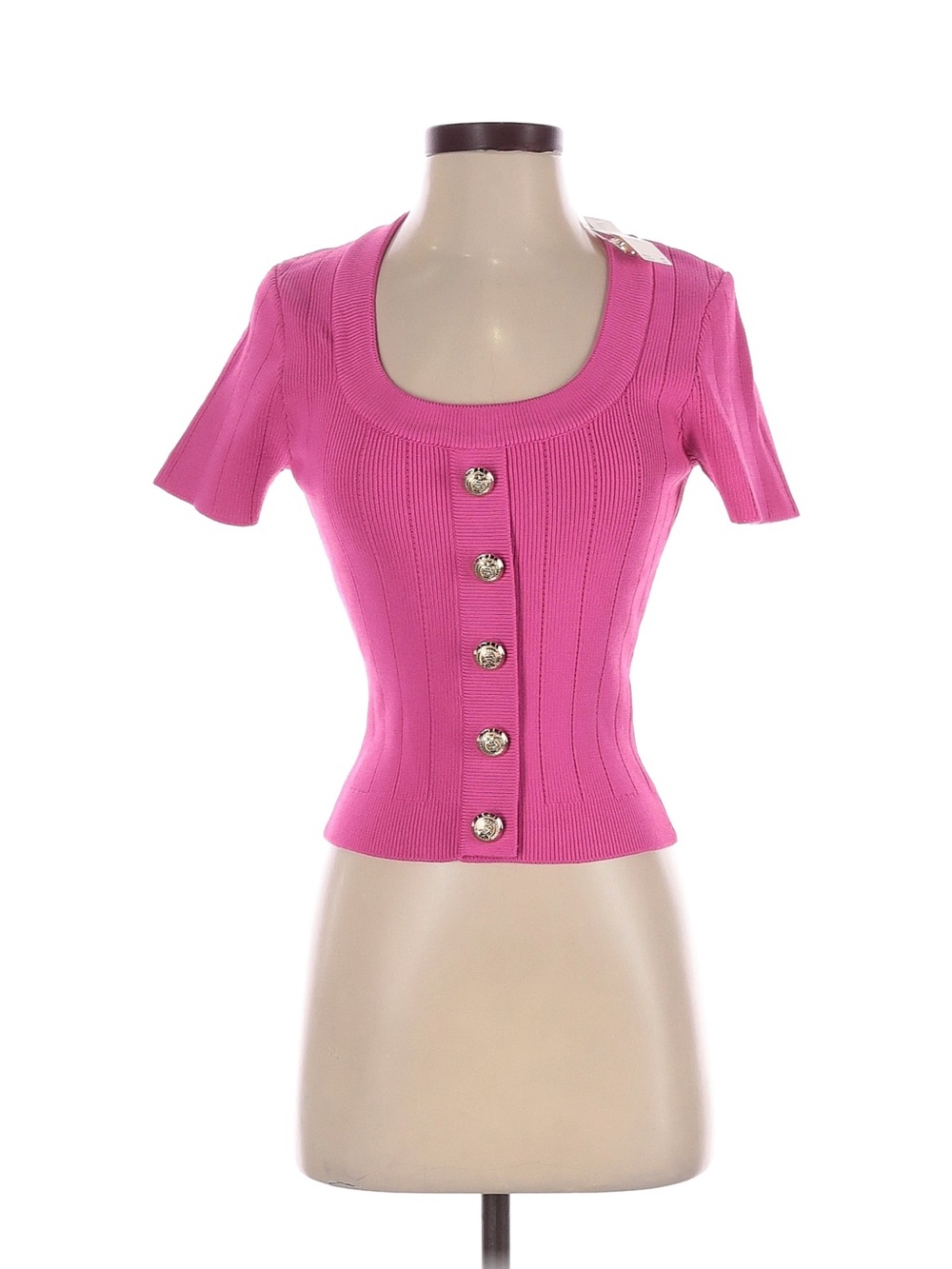 Anthropologie Hot Pink Scoop Neck Short Sleeve Button Cardigan